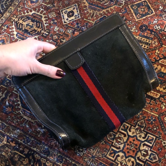 Gucci AUTHENTIC Vintage Parfums Black Suede & Blue Red Web Clutch Bag Purse